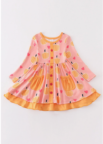 Pink Pumpkin Print Ruffle Girl Dress