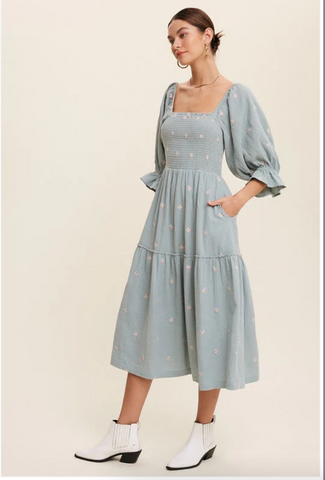 Ditzy Floral Embroidery Puff Sleeve Maxi Dress ( Sage )