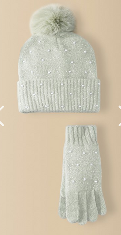 Pearly Hat and Glove Set, Mint