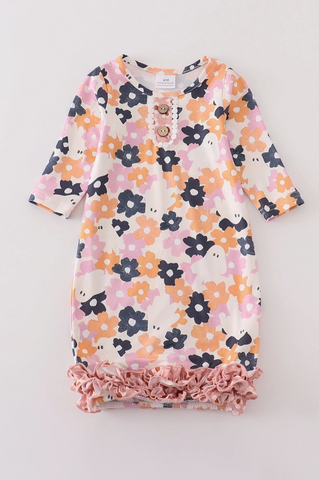 Pink Floral Print Ruffle Baby Gown
