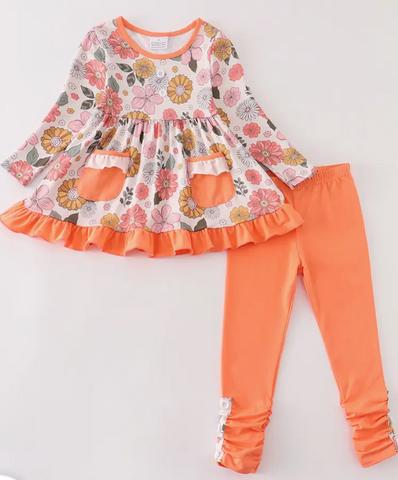 Orange Floral Print Ruffle Girl Set