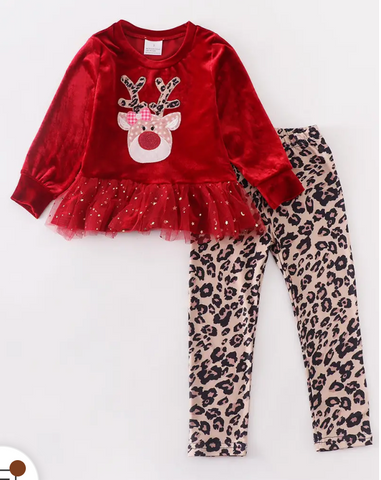 Red Leopard Velvet Deer Applique Girl Set