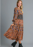 V Neck Tiered Floral Print Midi Dress ( Brick Mix )