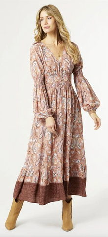 Kyla Long Sleeve V-Neck Dress (Dusty Rose Paisley )