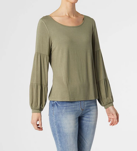 Celina Tiered Long Sleeve Crew Neck Top  ( Olive )