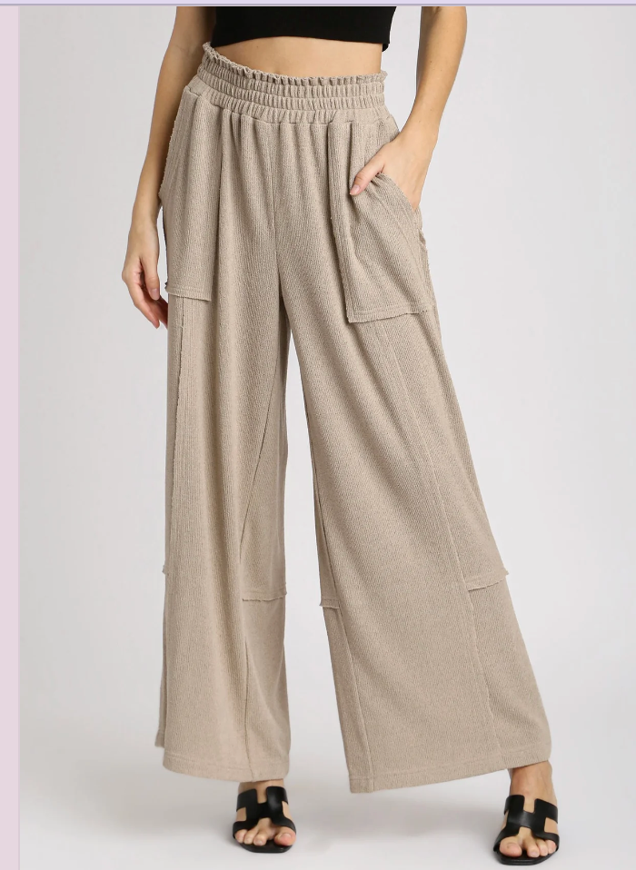 Wide Leg Stitch Cut Edge Elastic Waist Pant