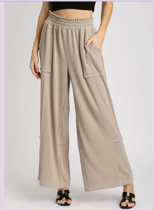 Wide Leg Stitch Cut Edge Elastic Waist Pant