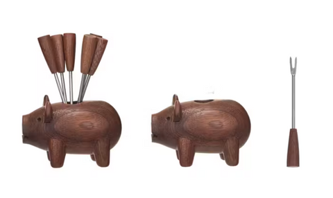 Wood Pig Shaped Holder w/ 6 Appetizer Forks