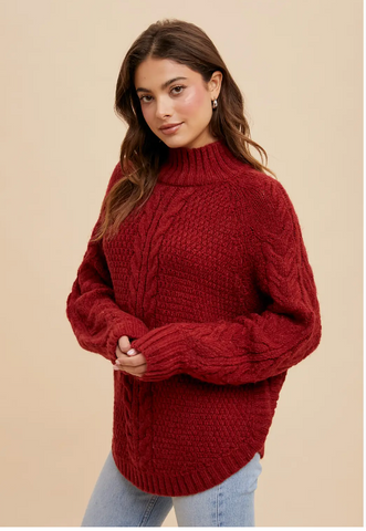 Textured Cable Knit Highneck Sweater