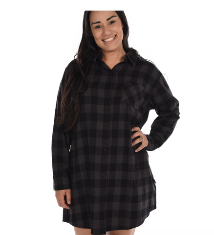 Grey Plaid Flannel Button Nightshirt