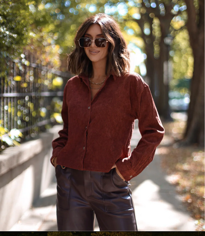 Corduroy Crop Shirt Button Front w/ Pockets