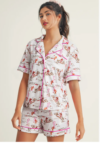 Western Printed Lapel Shirt Style 2pcs Short Pajama Set