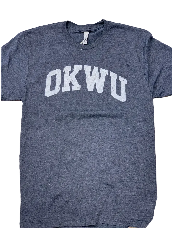 A short-sleeved navy blue t-shirt with 'OKWU' text on the front.