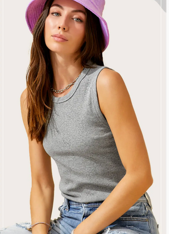 Stretchy Basic Ribbed Sleeveless Crew Neck Top