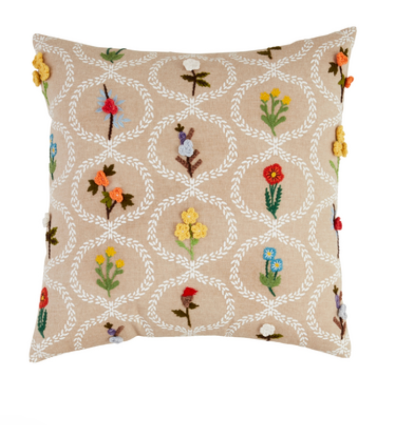 Square Flower Embroidered Pillow