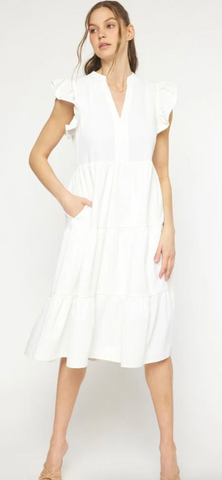 Ruffled Tiered Midi Dress  ( Off White )