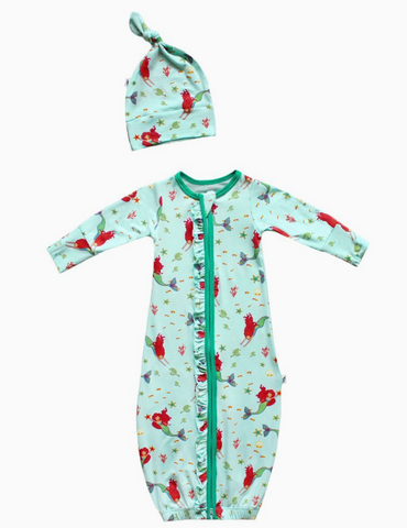 Brilliant-Sea Mermaids Ruffle Newborn Gown & Knot Hat Set