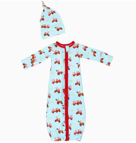 Farm Friends w/ Red Tractors Ruffle Newborn Gown & Knot Hat