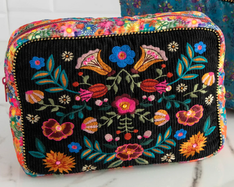 Embroidered Corduroy Cosmetic Pouch