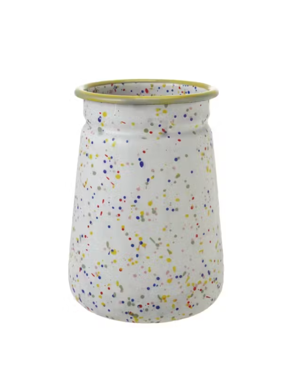 Enameled Metal Splatterware Crock with Yellow Rim