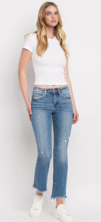 Mid Rise Distressed Hem Ankle Bootcut Jeans