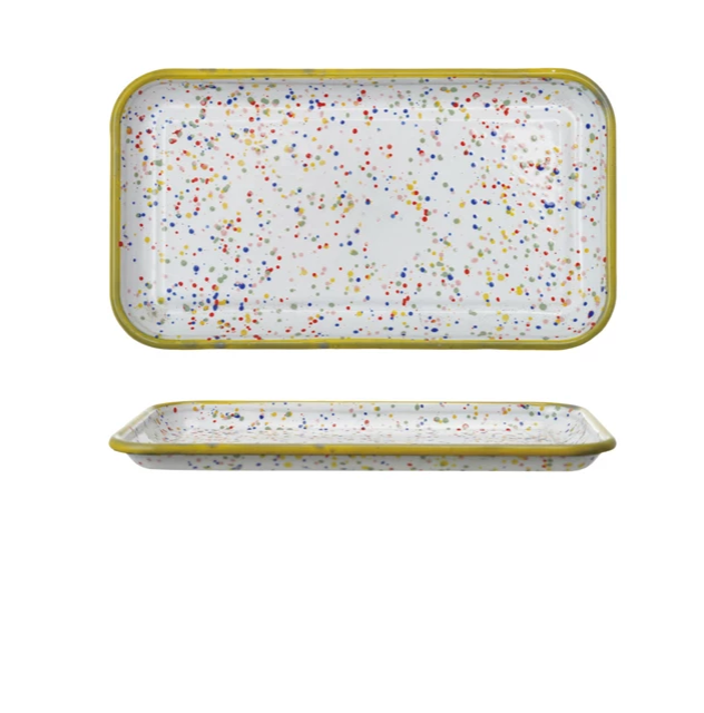 Enameled Metal Splatterware Plate with Yellow Rim