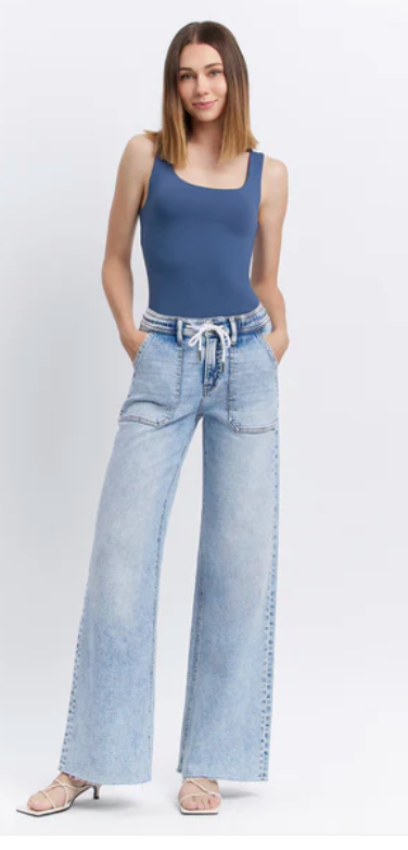 High Rise Drawstring Waistband Wide Leg Jeans