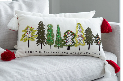 Christmas Forest Embroidered Lumbar Pillow. 12" x 22"