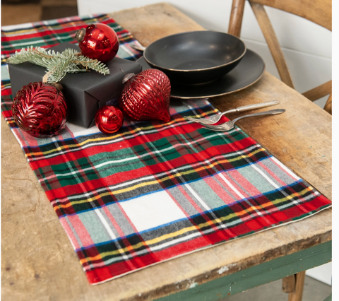 48" White Tartan Table Runner. 48" X 14"