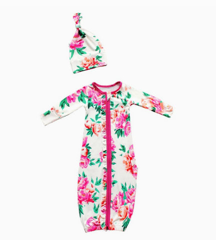 Cloud Peonies Ruffle Newborn Gown & Knot Hat Set