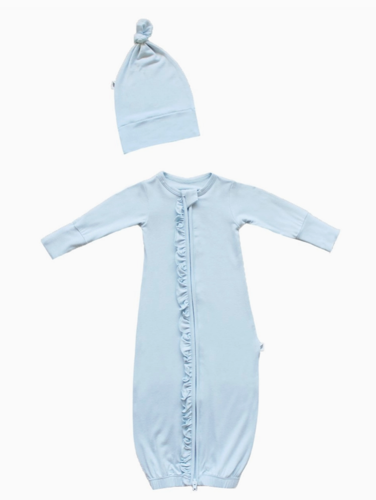Sky Ruffle Newborn Gown & Knot Hat Set
