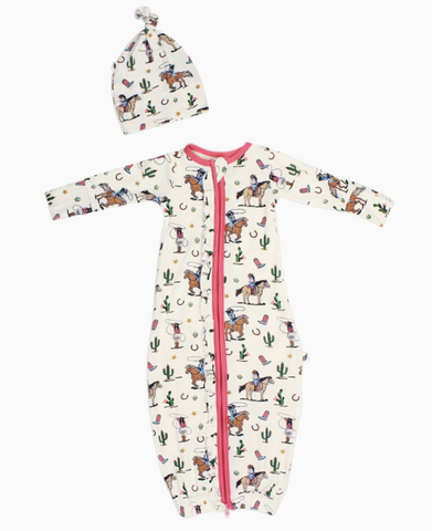 Dancing in My Boots Cowgirls Ruffle Newborn Gown & Knot Hat