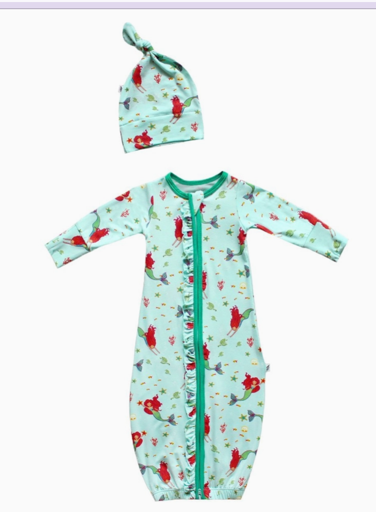 Brilliant-Sea Mermaids Ruffle Newborn Gown & Knot Hat Set