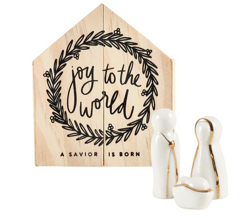 Ceramic Figurines Pine Wood Box - Holy Family