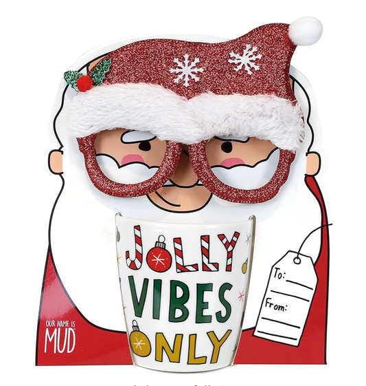 Jolly Vibes Only Santa Coffee Mug and Glasses Set, 12 Ounce,