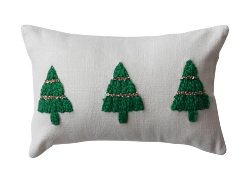 Lumbar Pillow w/ Embroidered Christmas Trees & Beads