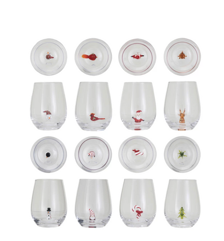 Stemless Wine Glass w/ Christmas  Figure  12oz.
