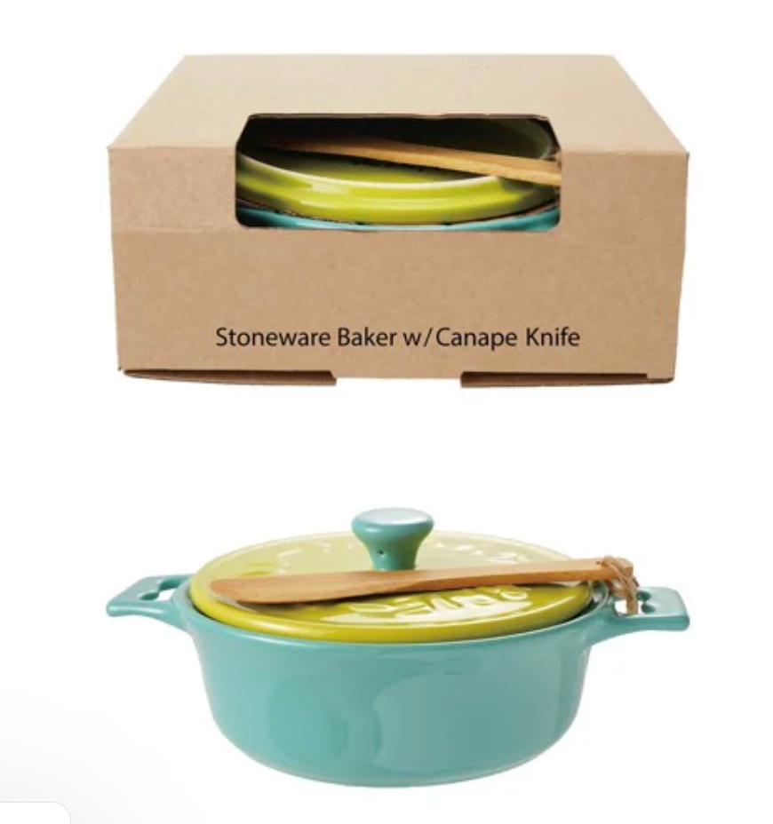Stoneware Brie Baker w Lid & Bamboo Spreader