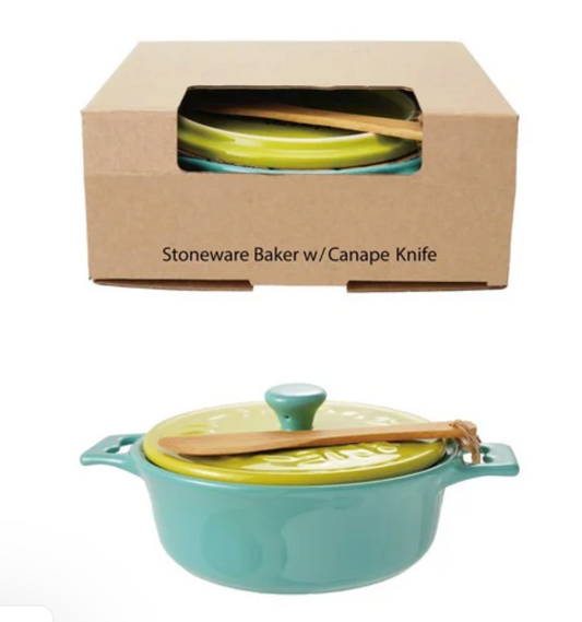 Stoneware Brie Baker w Lid & Bamboo Spreader