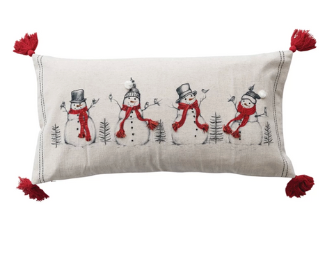 Lumbar Pillow with Embroidered Snowmen & Birds