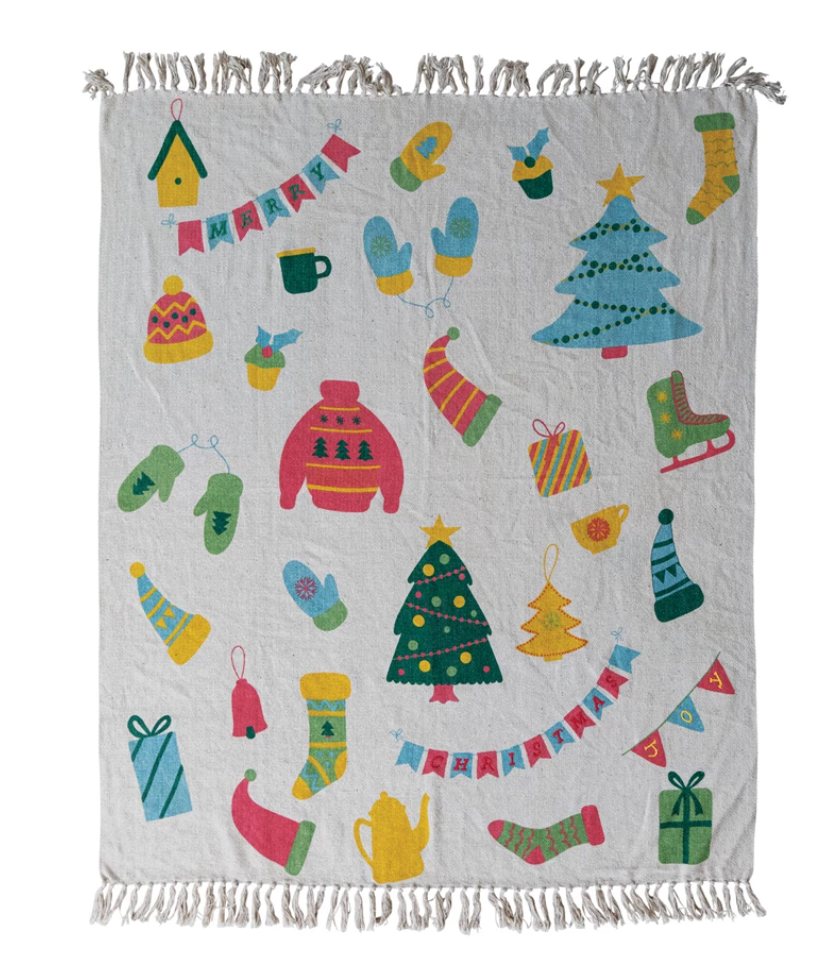 Hand-Woven Throw with Embroidery & Fringe 60" x 50"