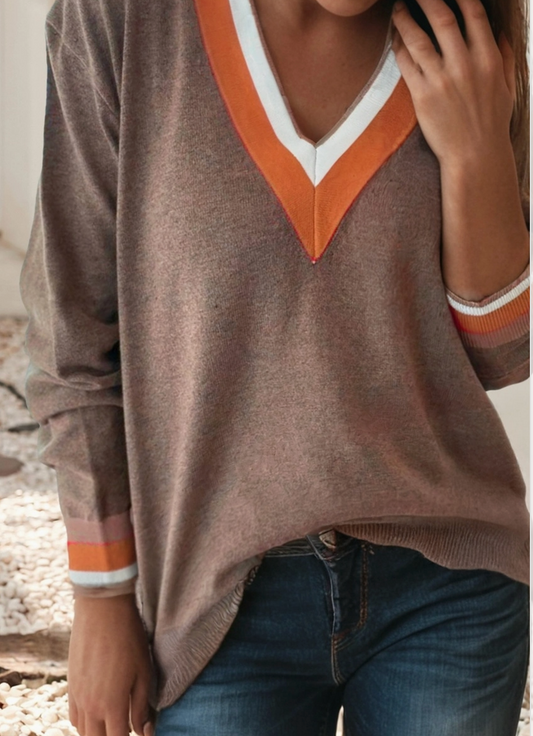 Contrast Striped Trim V Neck Casual Sweater