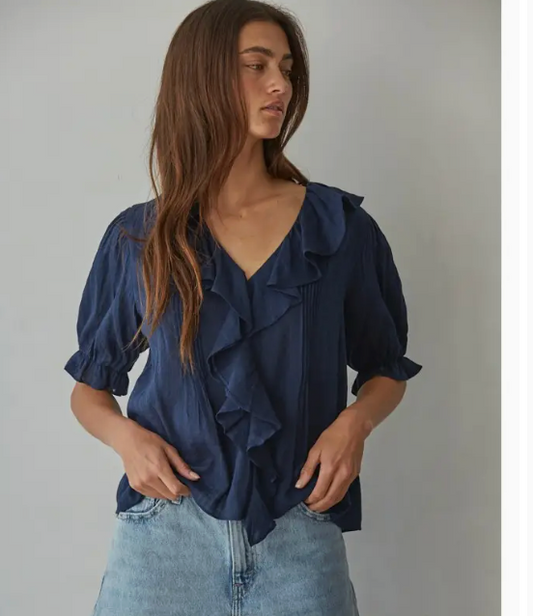 Woven Cotton V-Neck Short Sleeve Top