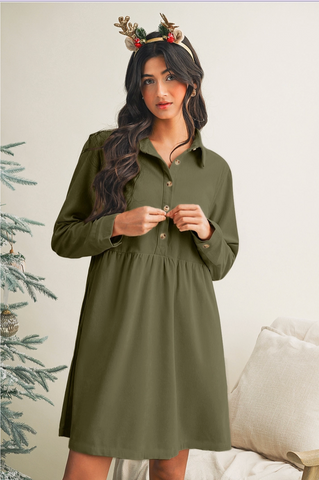 Corduroy Half Button Collared Long Sleeve Mini Dress