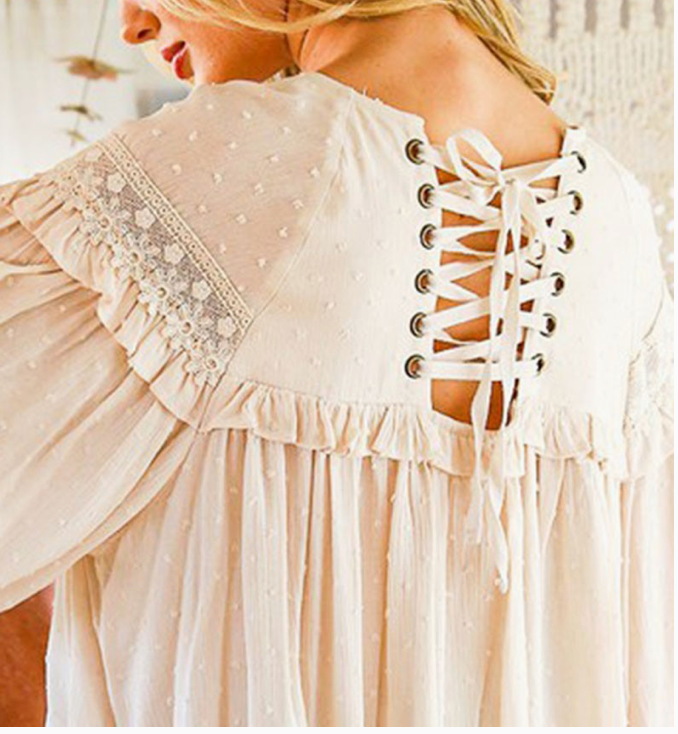 Lace Up Back Detail Swiss Dot Blouse
