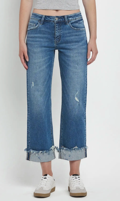 Mid Rise Raw Cuffed Hem Slim Wide Jeans F5861