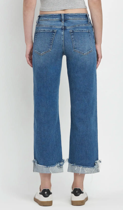 Mid Rise Raw Cuffed Hem Slim Wide Jeans F5861