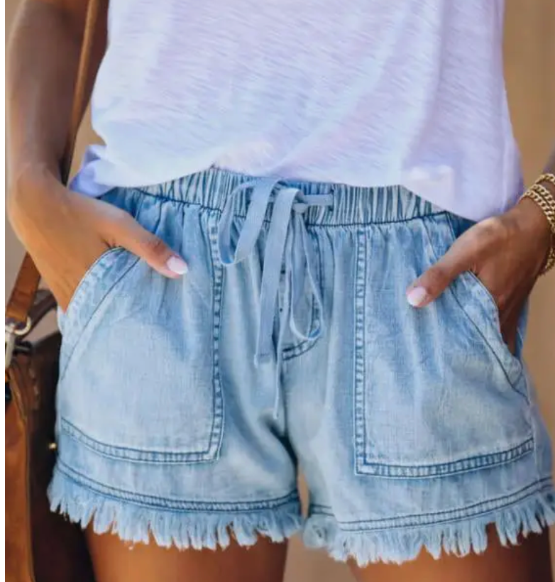 Colors Casual Drawstring High Waisted Denim Fringed Shorts