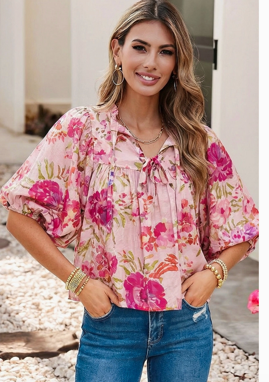 Tie Neck Spring Floral Puffy Half Sleeve Blouse