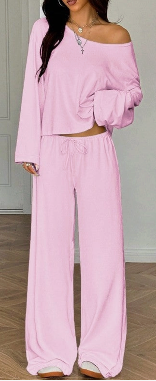 Women's Off Shoulder Long Sleeve Top and Wide Leg Pants Set